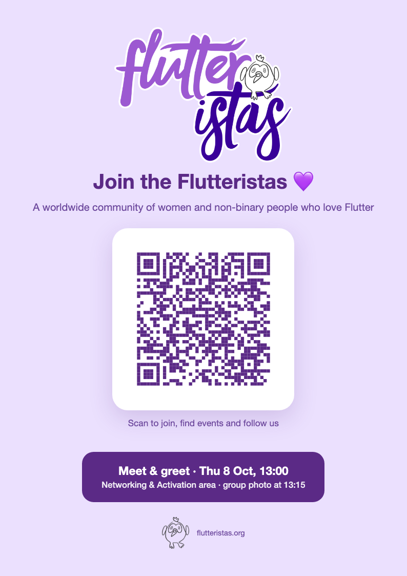 Flutteristas poster with a QR code and the meet and greet time